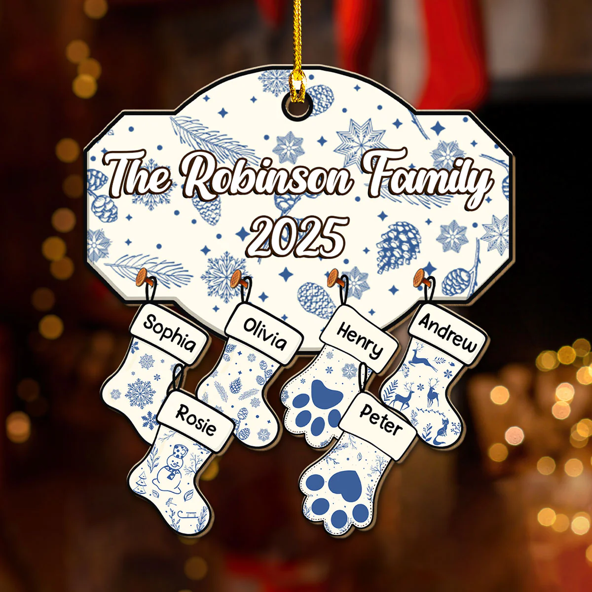 Blue Family With Pet - Personalized Custom Wood Ornament - Image 4