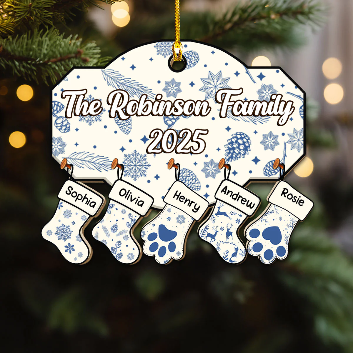 Blue Family With Pet - Personalized Custom Wood Ornament - Image 5