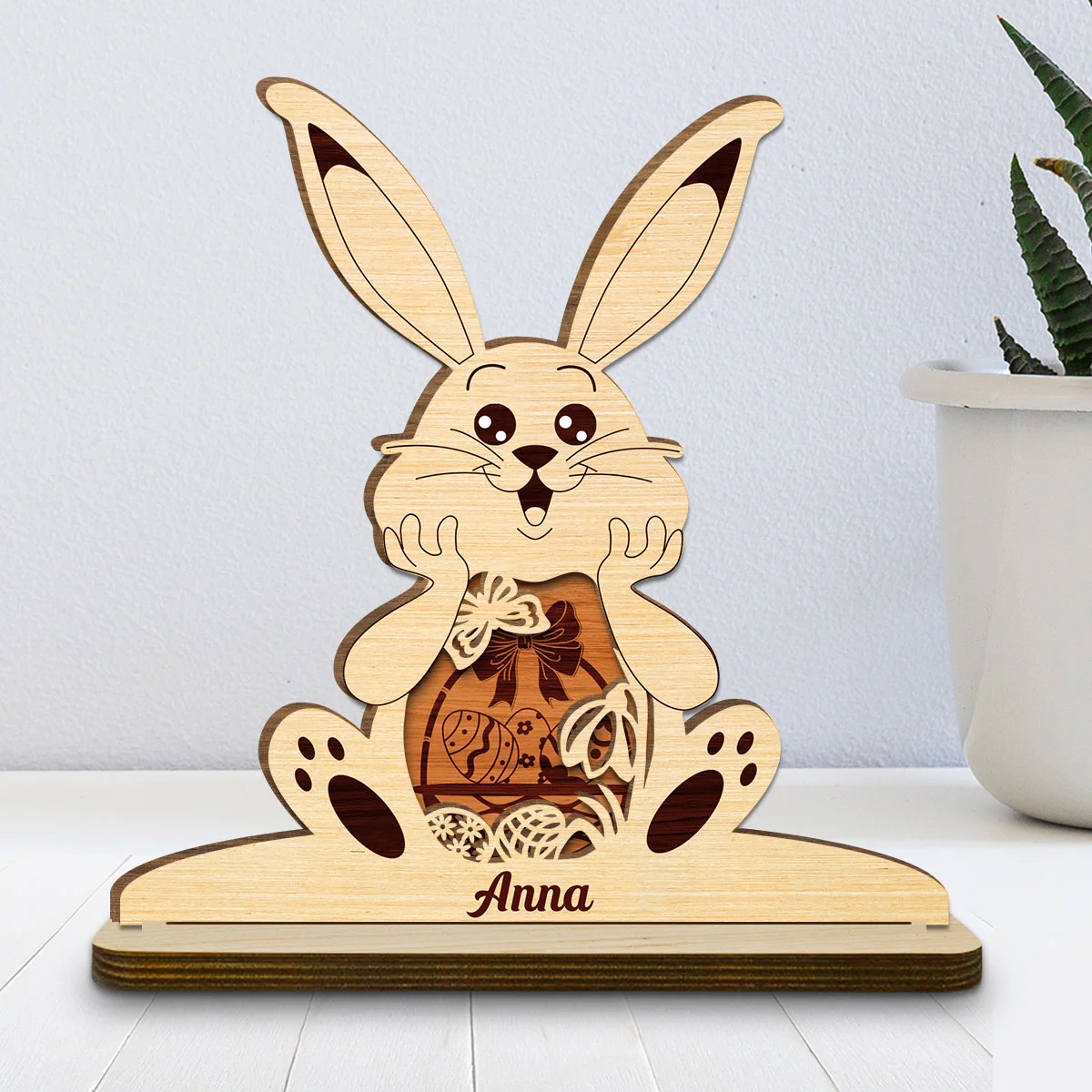 Bunny Bliss Celebration - Personalized Custom 2-Layer Wood Plaque With Flat Base - Image 2