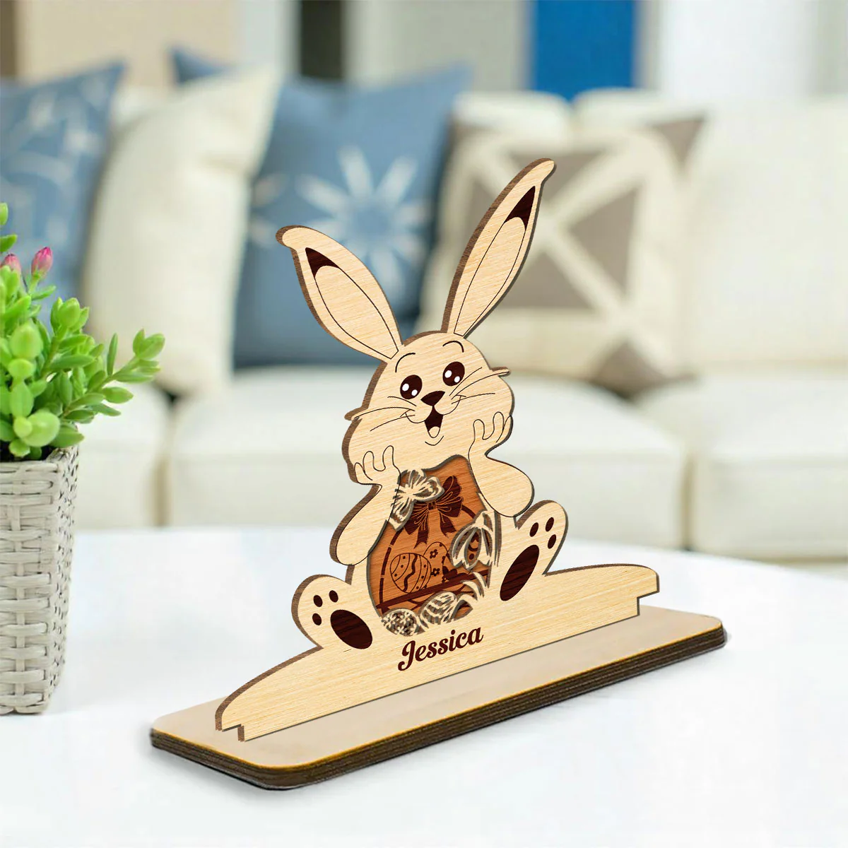Bunny Bliss Celebration - Personalized Custom 2-Layer Wood Plaque With Flat Base - Image 3