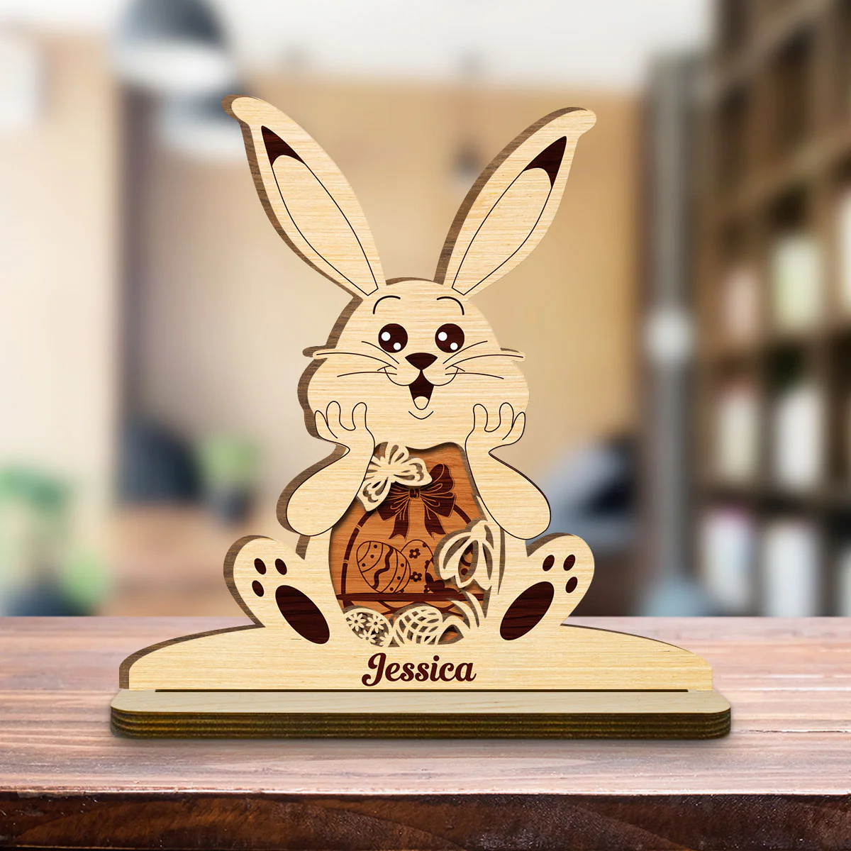 Bunny Bliss Celebration - Personalized Custom 2-Layer Wood Plaque With Flat Base - Image 4