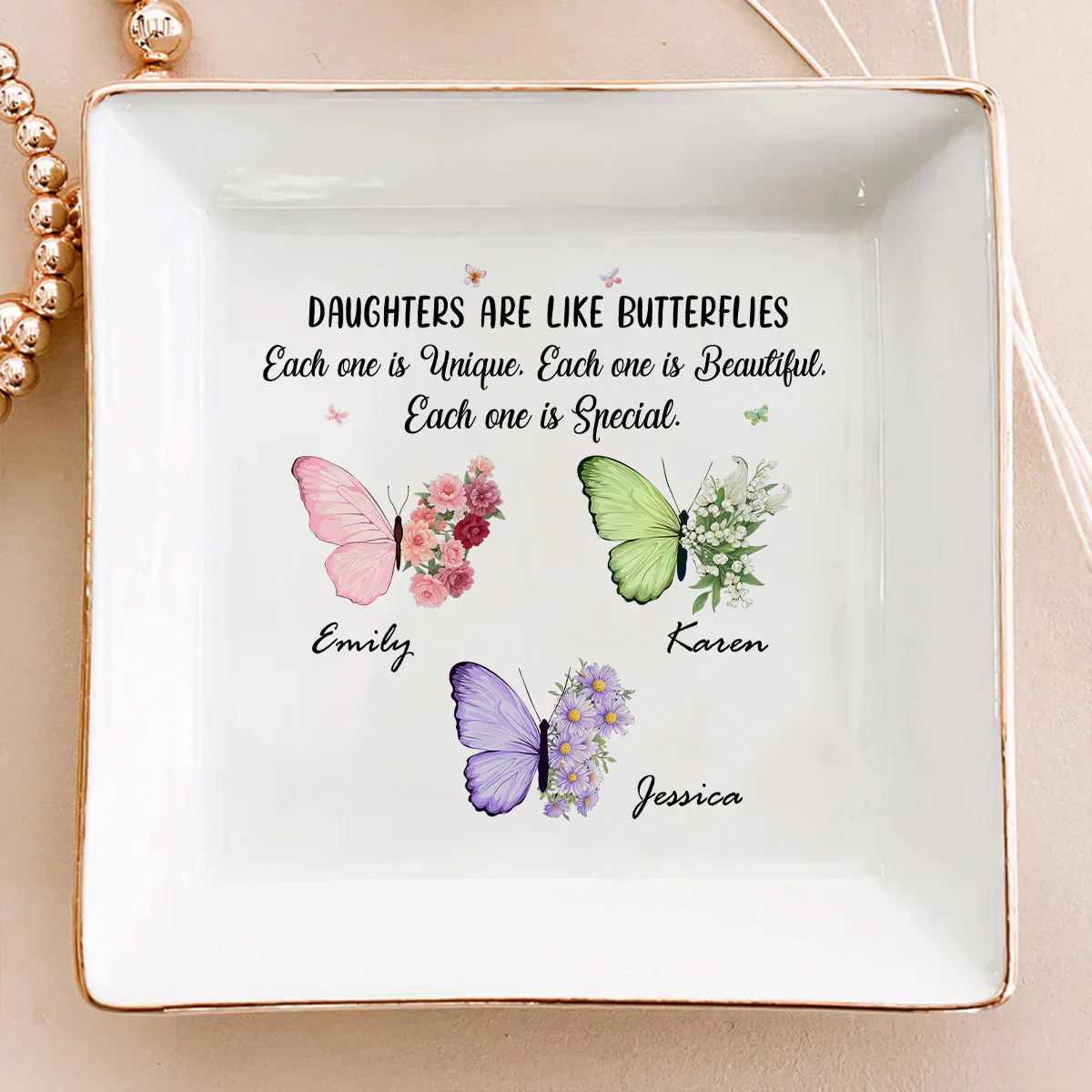 Butterflies Flutter Daughters Shine - Personalized Custom Jewelry Dish