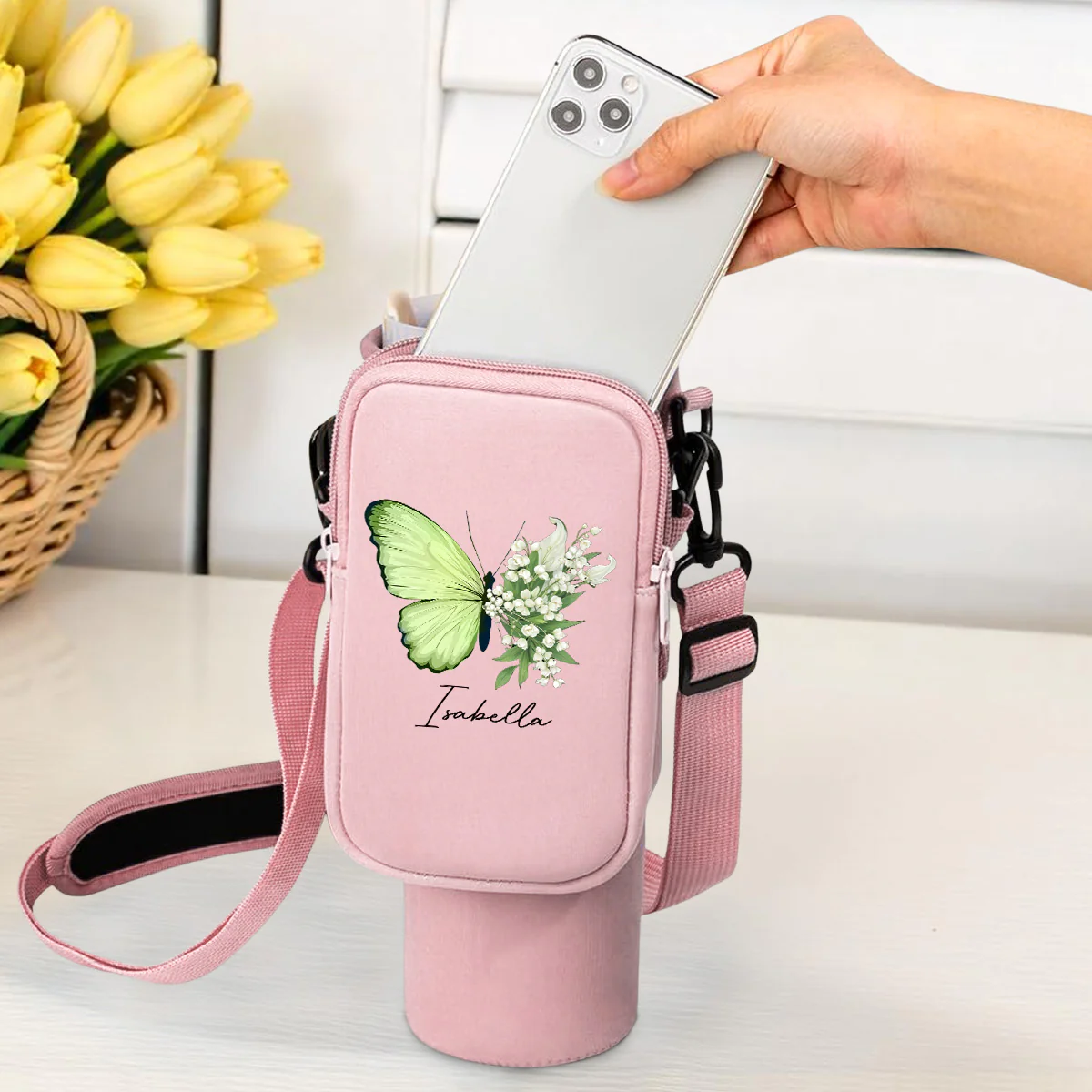 Butterfly Birthmonth Flower With Name - Personalized Custom 40oz Water Bottle Carrier Bag - Image 3