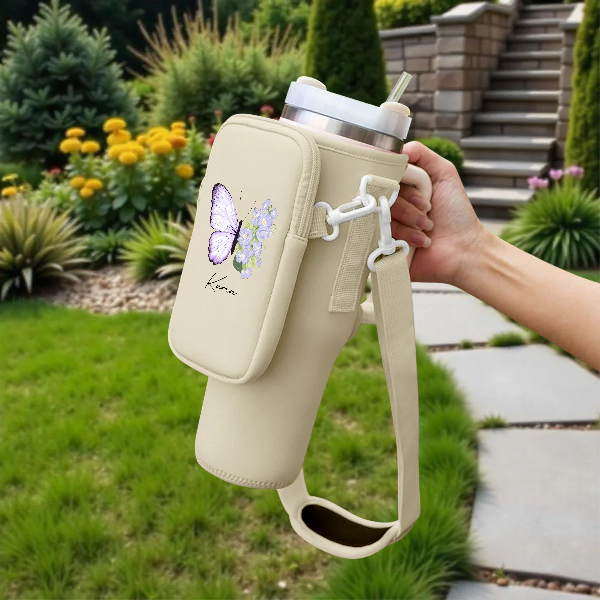 Butterfly Birthmonth Flower With Name - Personalized Custom 40oz Water Bottle Carrier Bag - Image 4