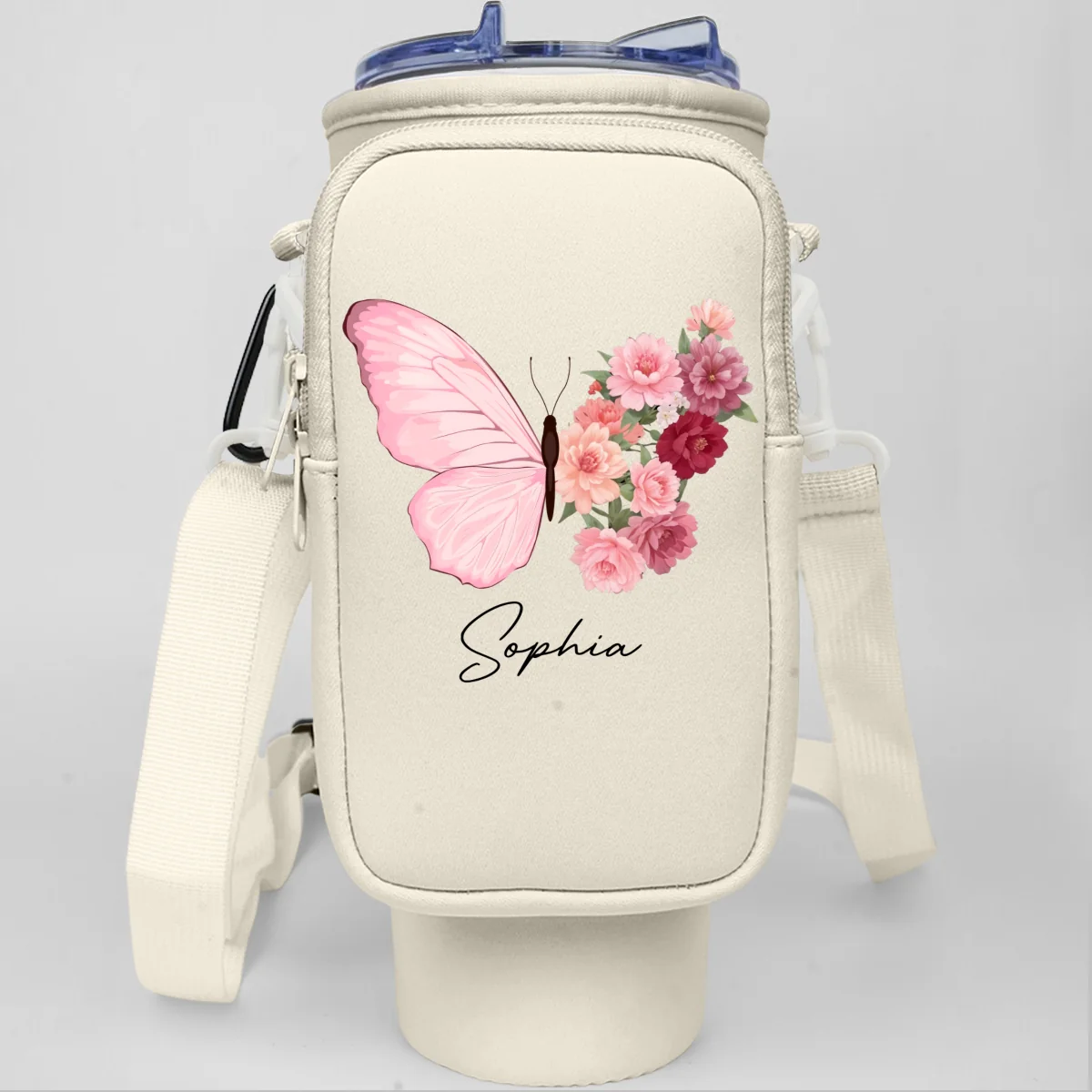 Butterfly Birthmonth Flower With Name - Personalized Custom 40oz Water Bottle Carrier Bag - Image 7
