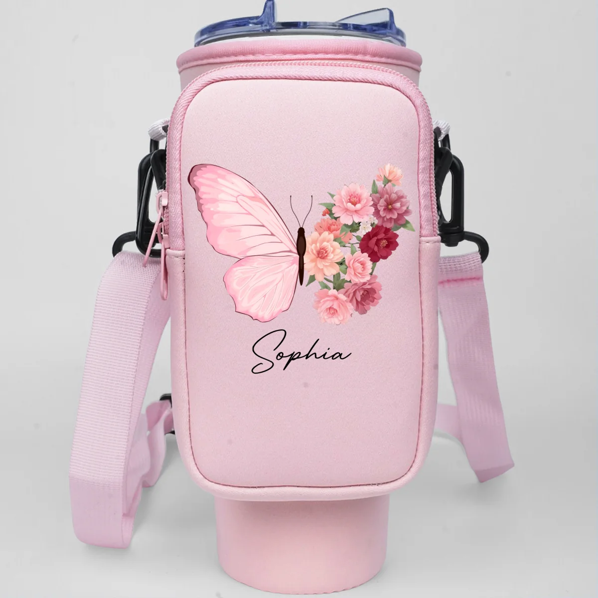 Butterfly Birthmonth Flower With Name - Personalized Custom 40oz Water Bottle Carrier Bag - Image 9