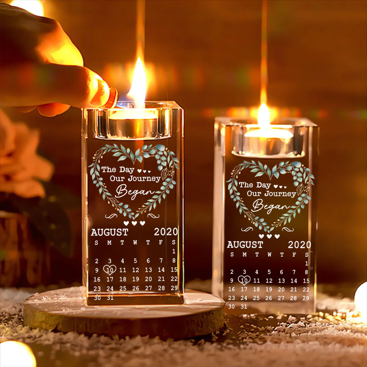 Calendar Where Our Story Began - Personalized Custom Crystal Candle Holder - Image 4