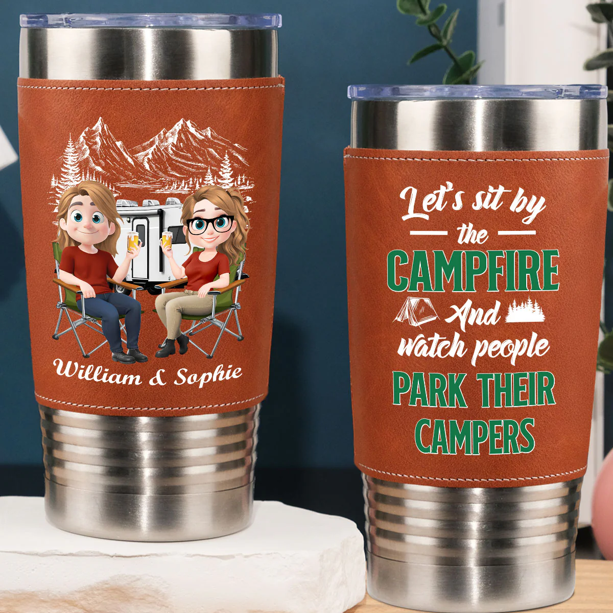 Camp Fire - Personalized Custom Leather Tumbler - Image 2