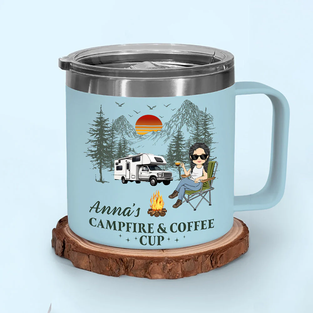 Campfire And Coffee Cup - Personalized Custom 14oz Stainless Steel Tumbler With Handle - Image 2