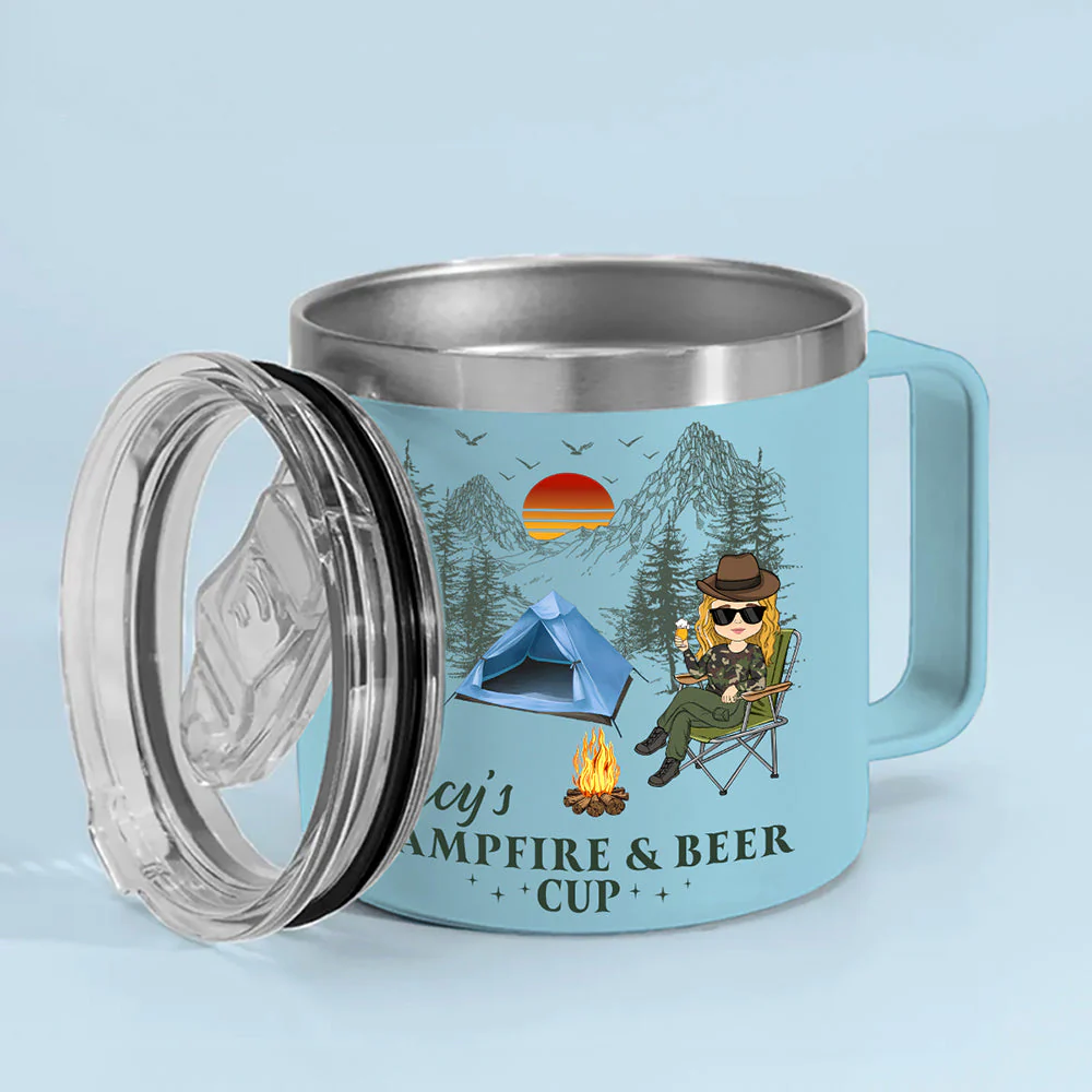 Campfire And Coffee Cup - Personalized Custom 14oz Stainless Steel Tumbler With Handle - Image 4