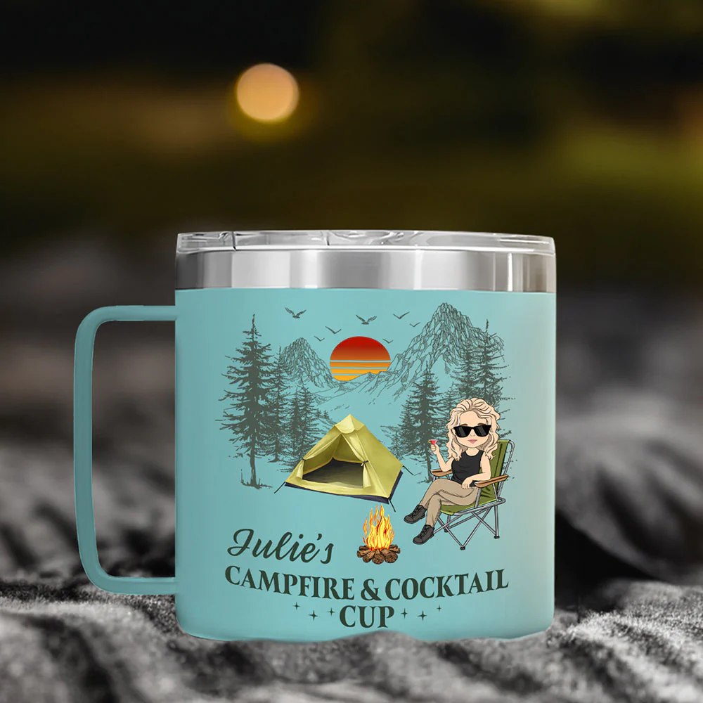 Campfire And Coffee Cup - Personalized Custom 14oz Stainless Steel Tumbler With Handle - Image 5