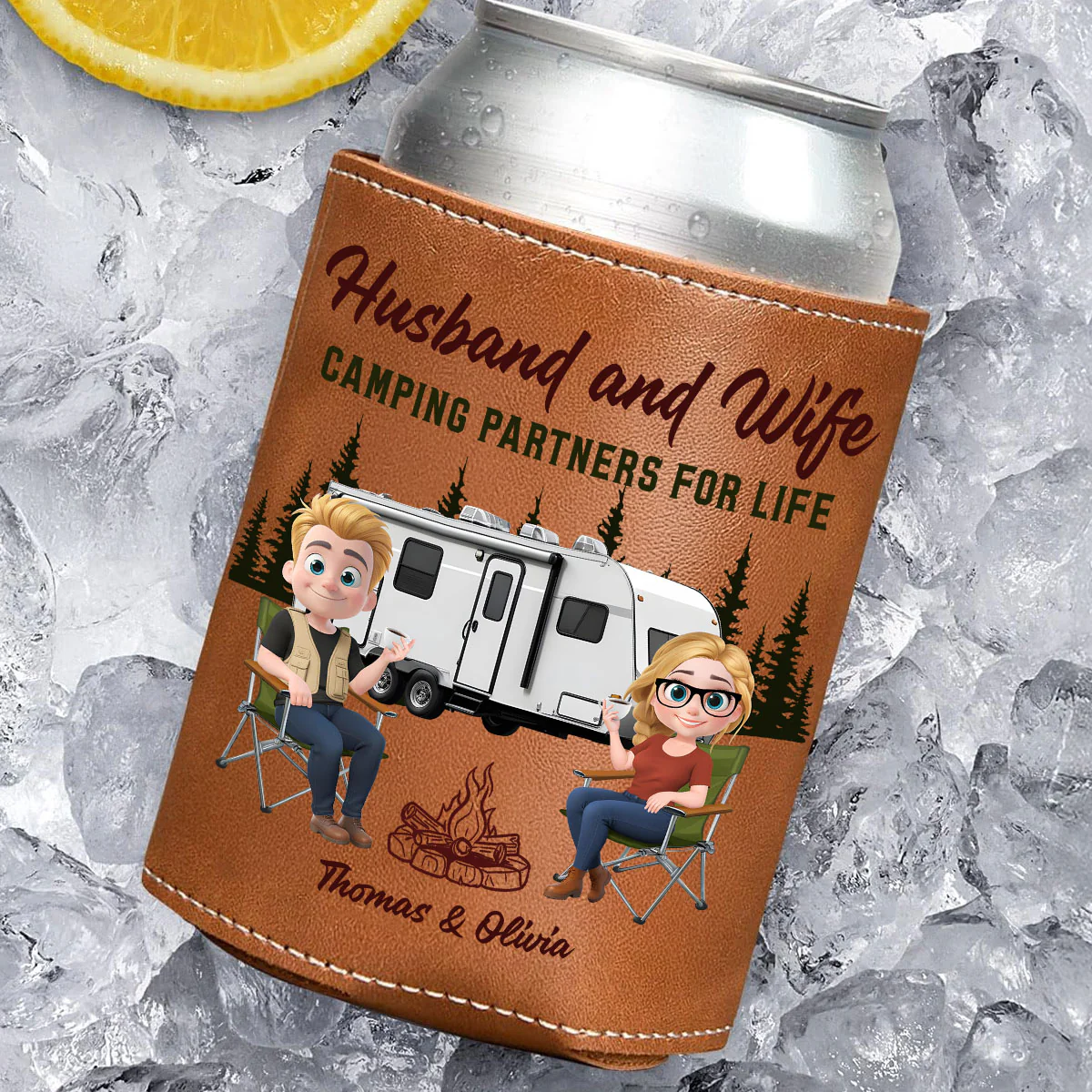 Camping Together For Life - Personalized Custom Leather Can Cooler Holder - Image 3