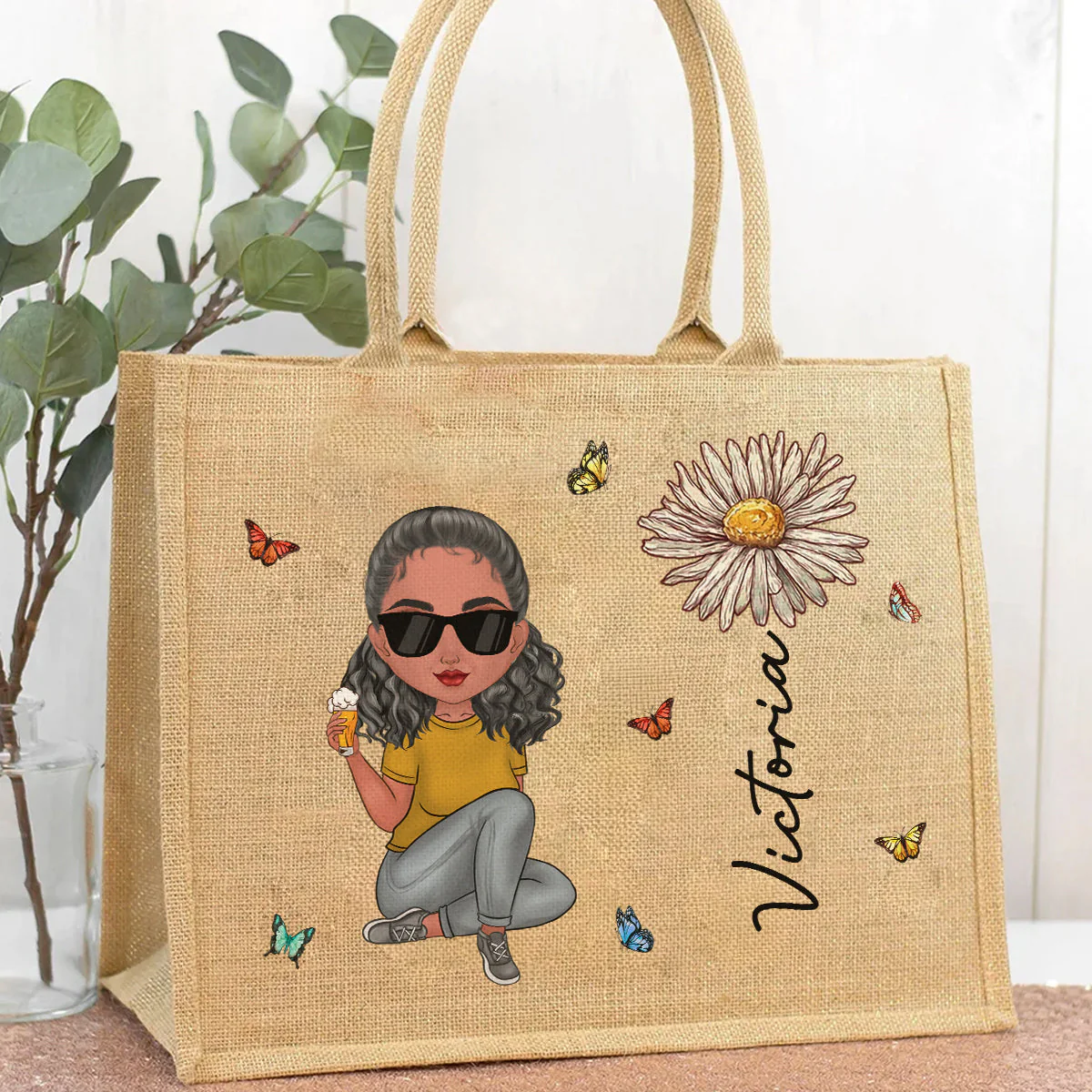Cartoon Bloom Girl Charm 3 - Personalized Custom Jute Tote Bag - Image 2