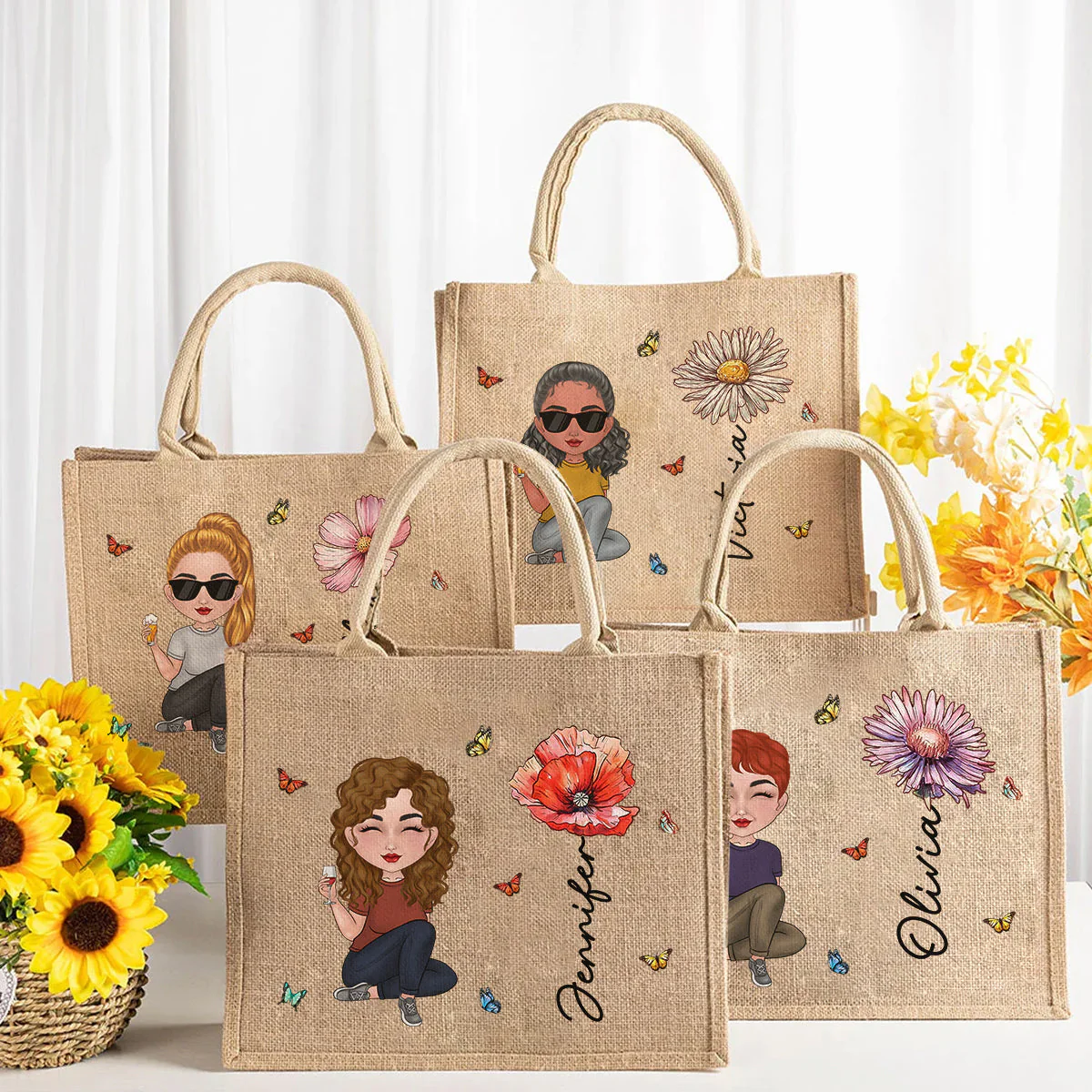 Cartoon Bloom Girl Charm 3 - Personalized Custom Jute Tote Bag - Image 5