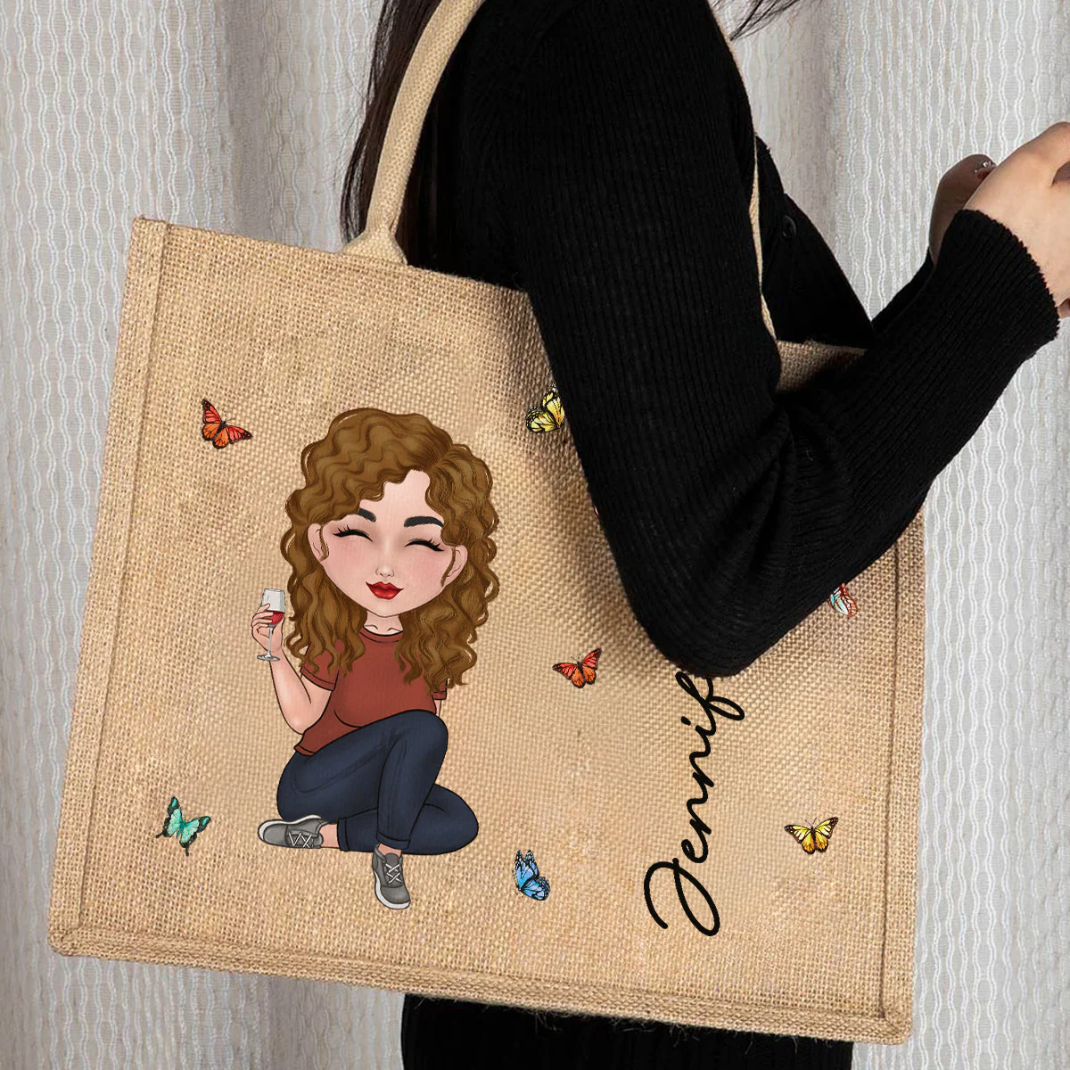 Cartoon Bloom Girl Charm Version 2 - Personalized Custom Jute Tote Bag - Image 3