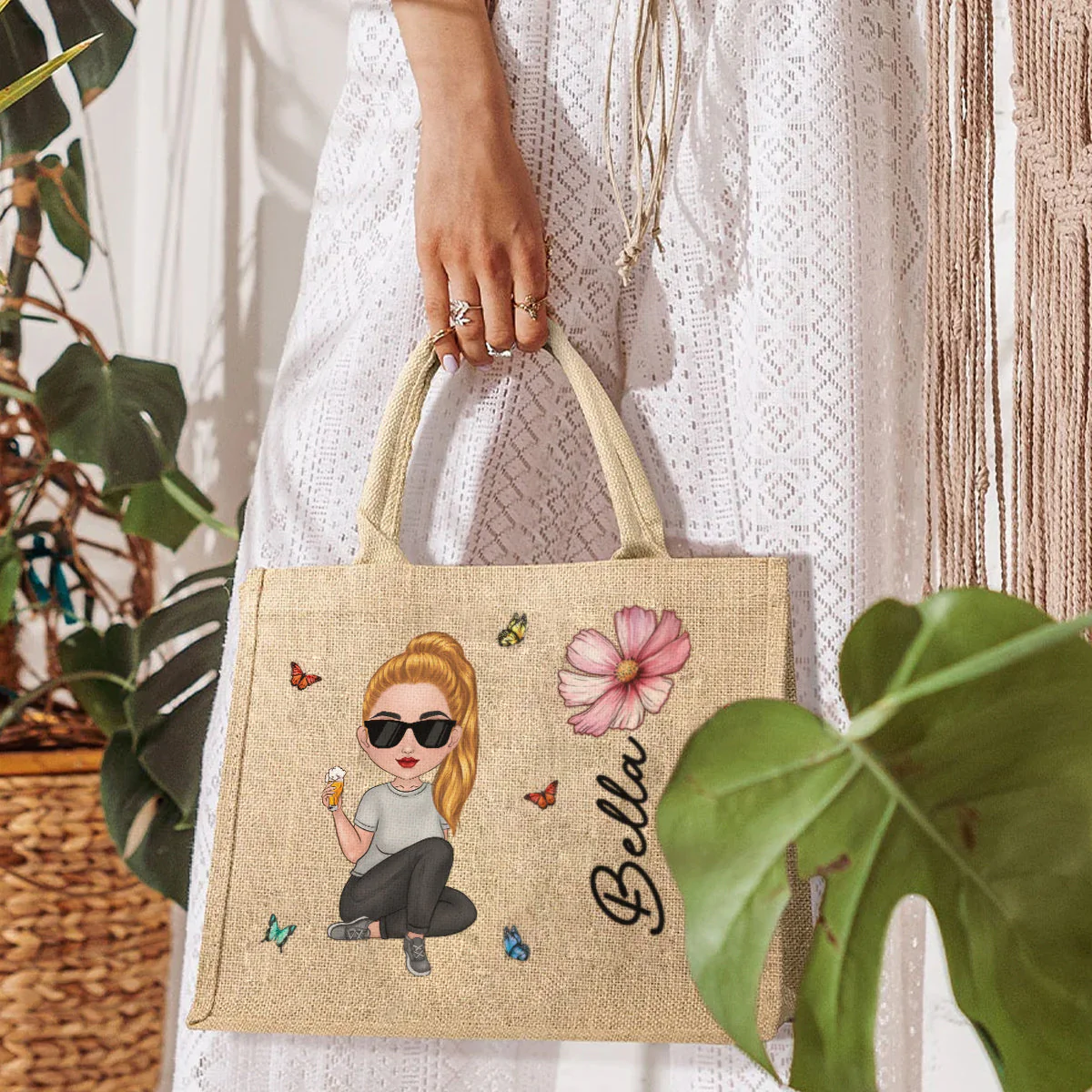 Cartoon Bloom Girl Charm Version 2 - Personalized Custom Jute Tote Bag - Image 4