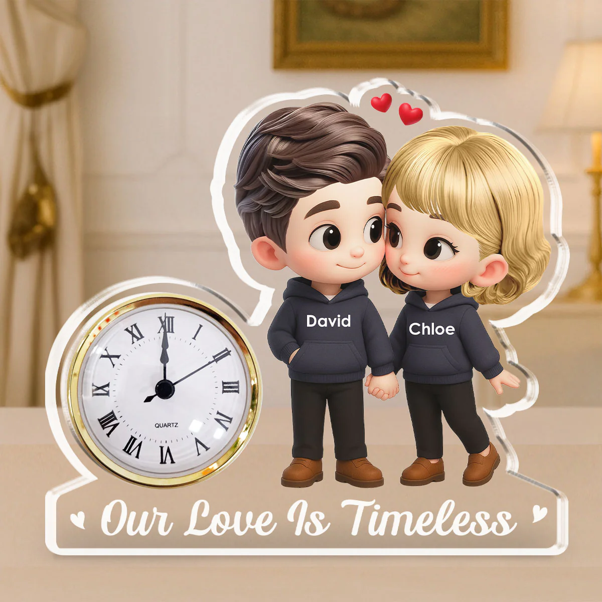 Cartoon Couple Holding Hands - Personalized Custom Acrylic Desk Clock Plaque - Image 2