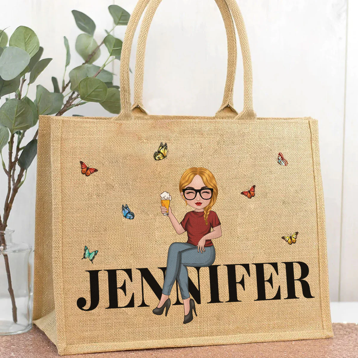 Cartoon Girl - Personalized Custom Jute Tote Bag - Image 2