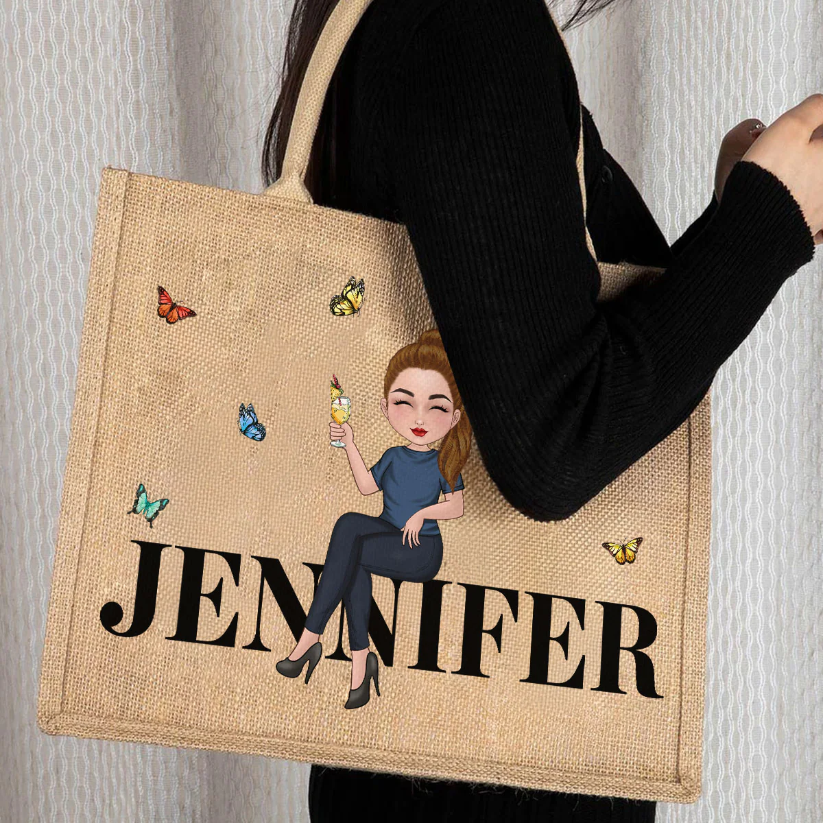 Cartoon Girl - Personalized Custom Jute Tote Bag - Image 3