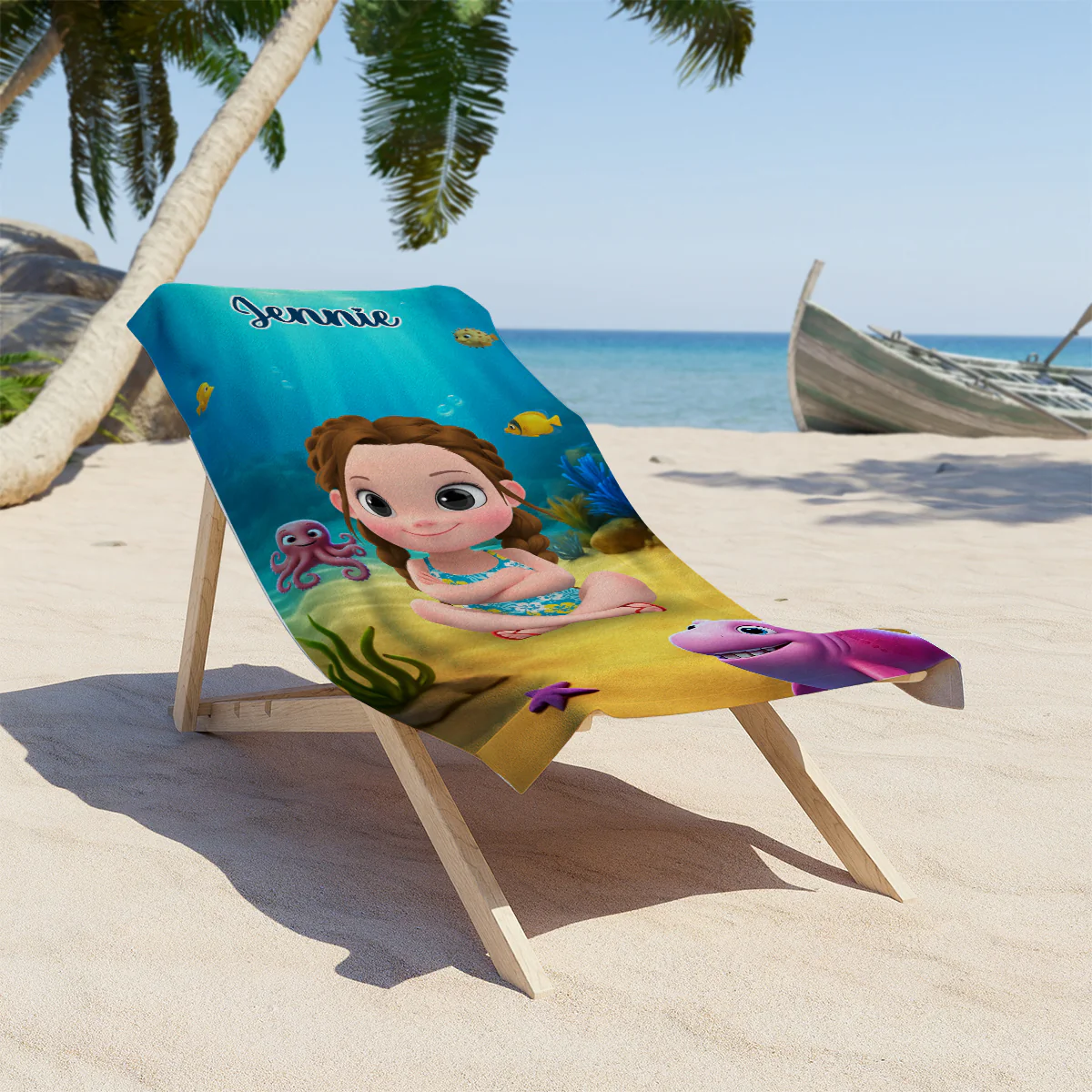 Cartoon Kid Character Marine - Personalized Custom Beach Towel - Image 2