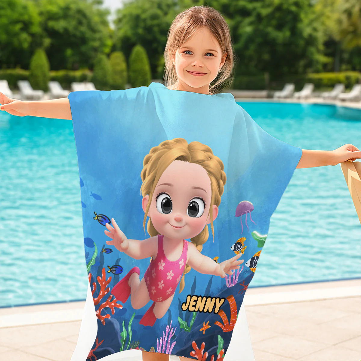 Cartoon Kid Character Marine  - Personalized Custom Hooded Beach Towel - Image 2