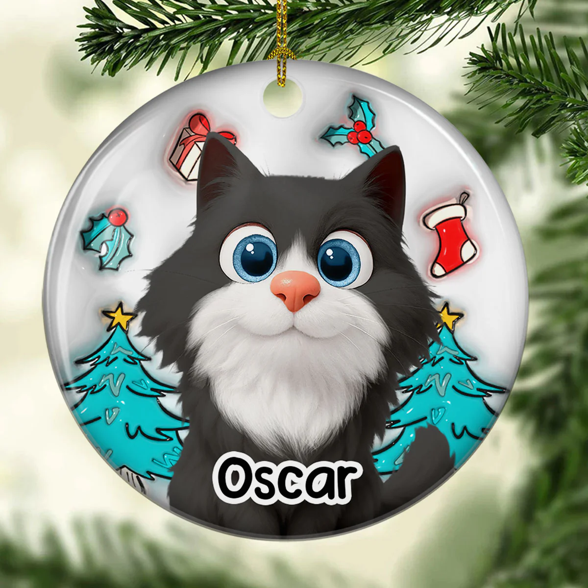 Cat Is Santa - Personalized Custom 3D Inflated Effect Ceramic Ornament - Image 3