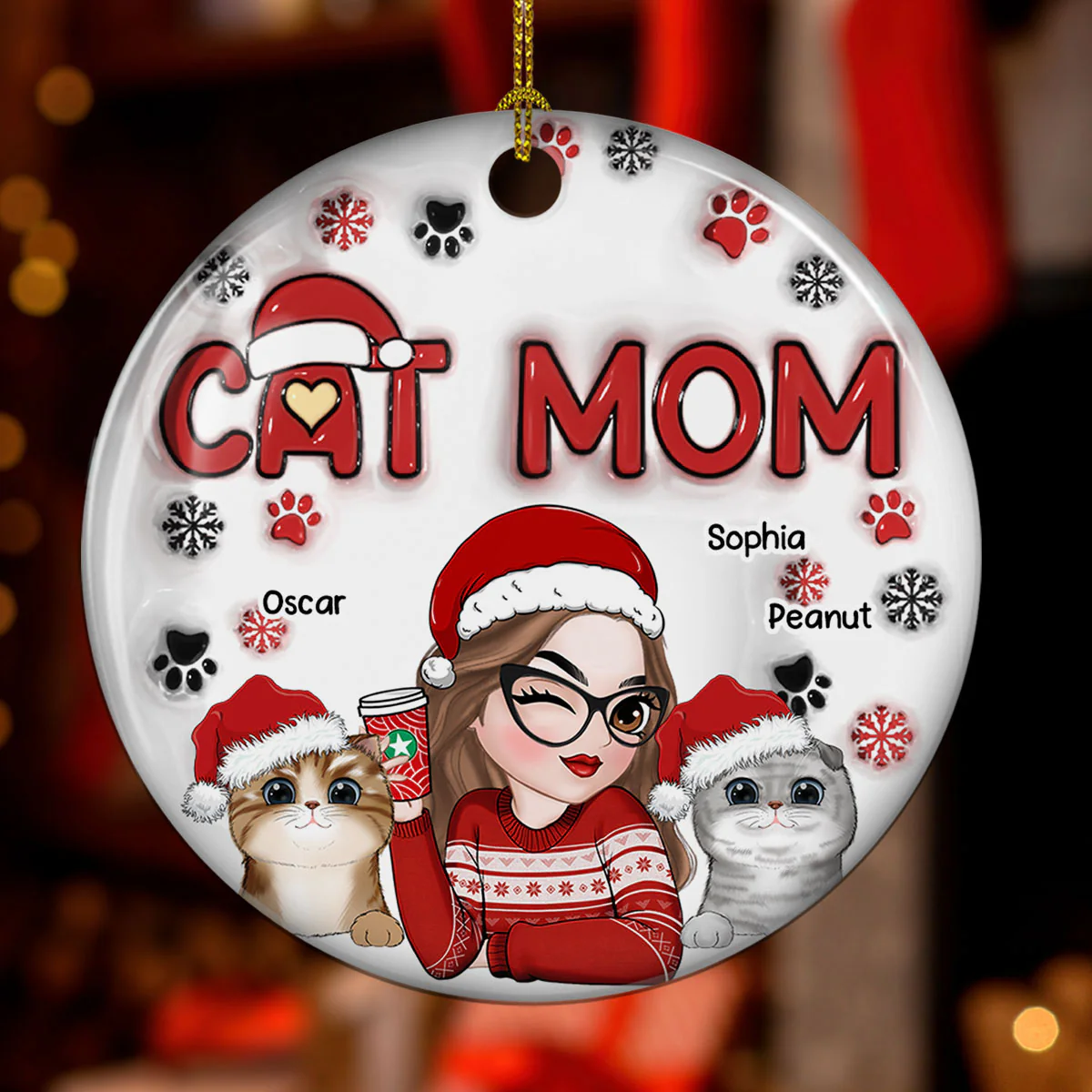 Cat Mom Christmas -  Personalized Custom 3D Inflated Effect Ceramic Ornament - Image 2