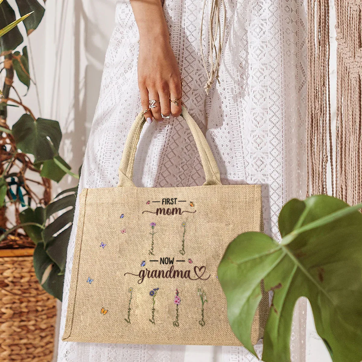 Charming Flowers Of Grandma - Personalized Custom Jute Tote Bag - Image 3