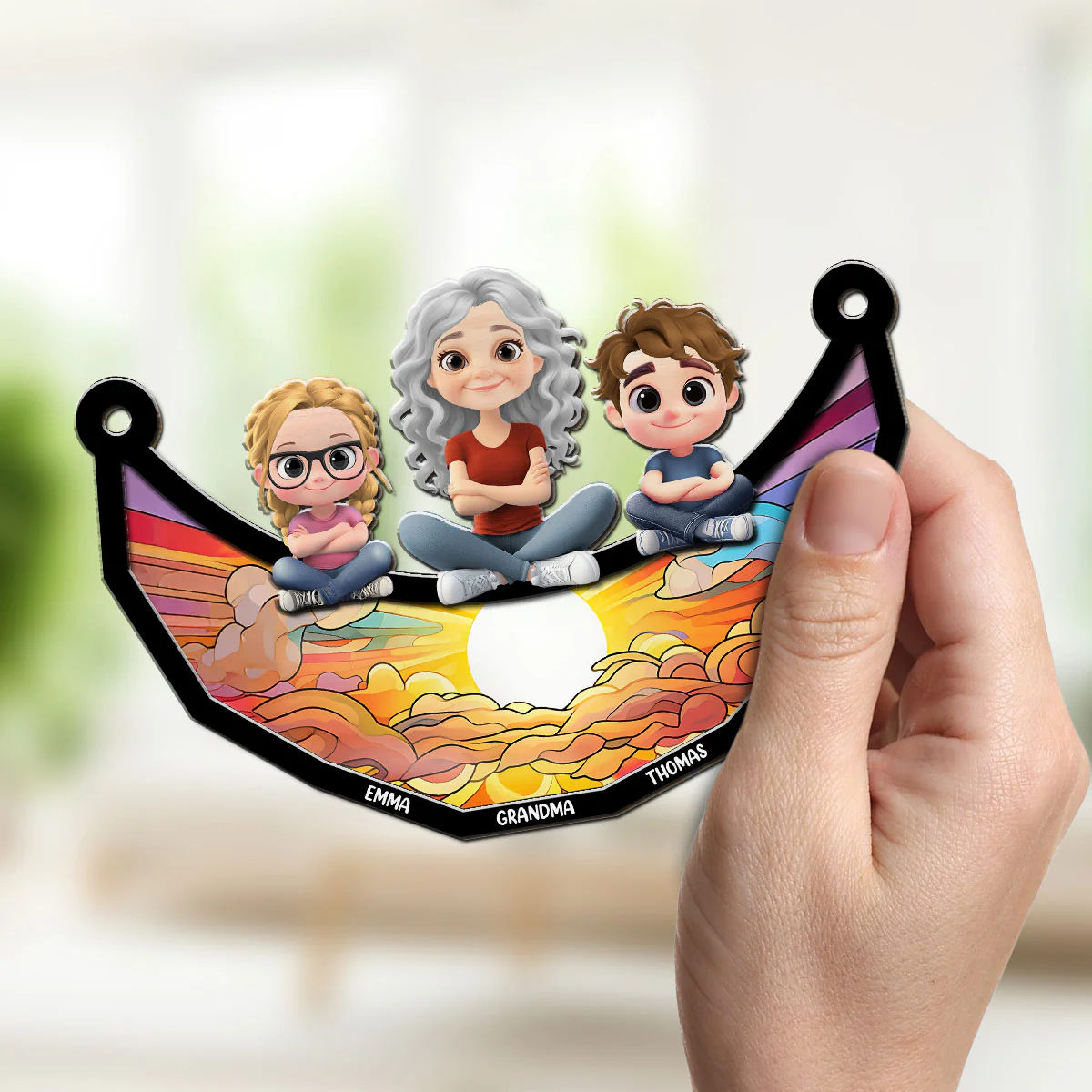 Children Grandma Mom Sitting On The Moon - Personalized Custom Suncatcher - Image 2