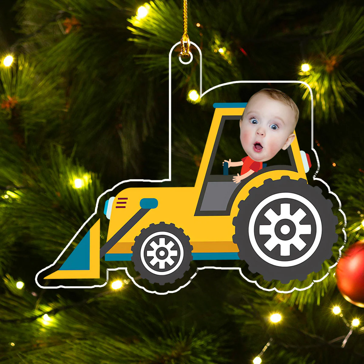 Christmas Boy Riding Construction Vehicle - Personalized Custom Acrylic Ornament - Image 3
