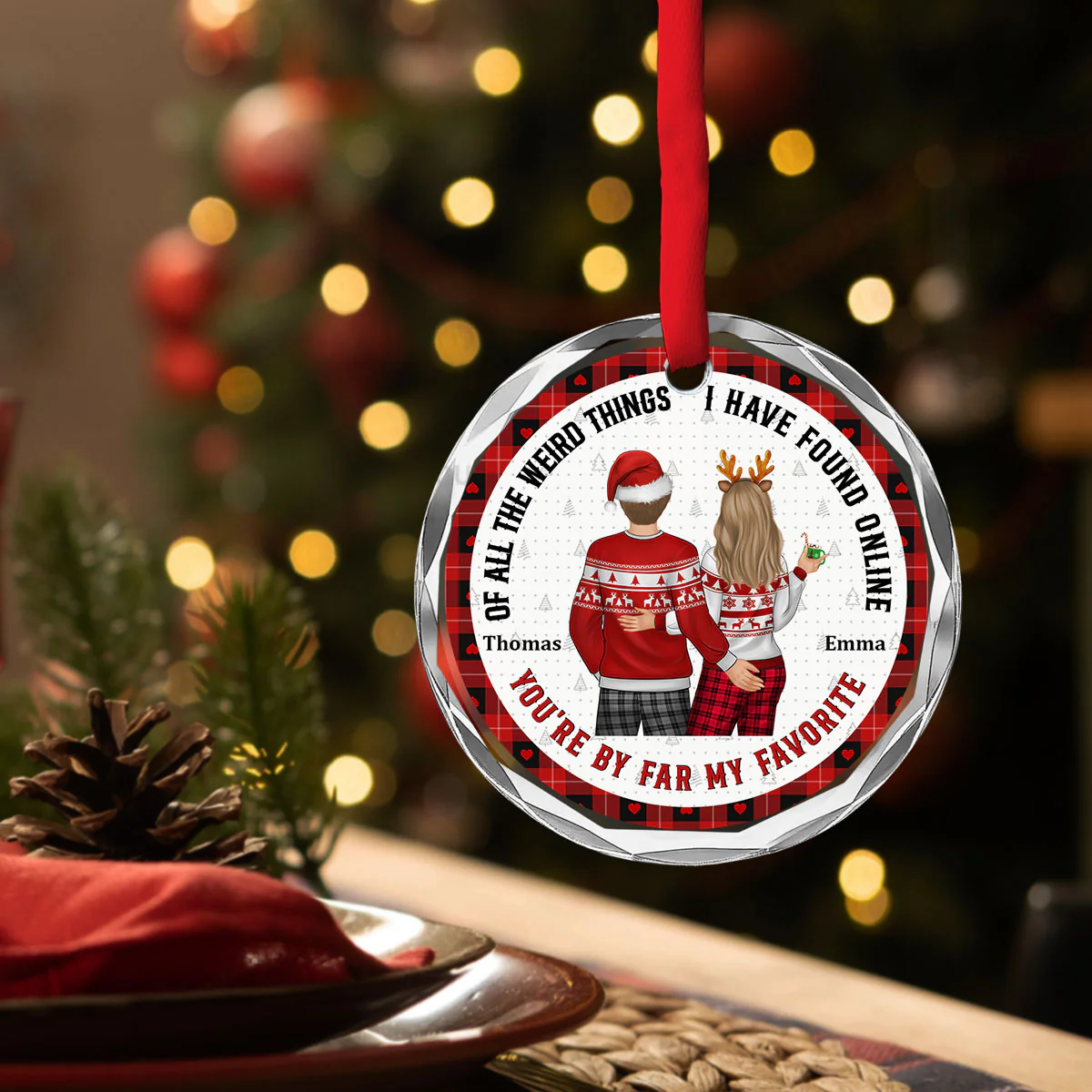 Christmas Couple Back Side You Are My Favorite By Far - Personalized Custom Glass Ornament - Image 3
