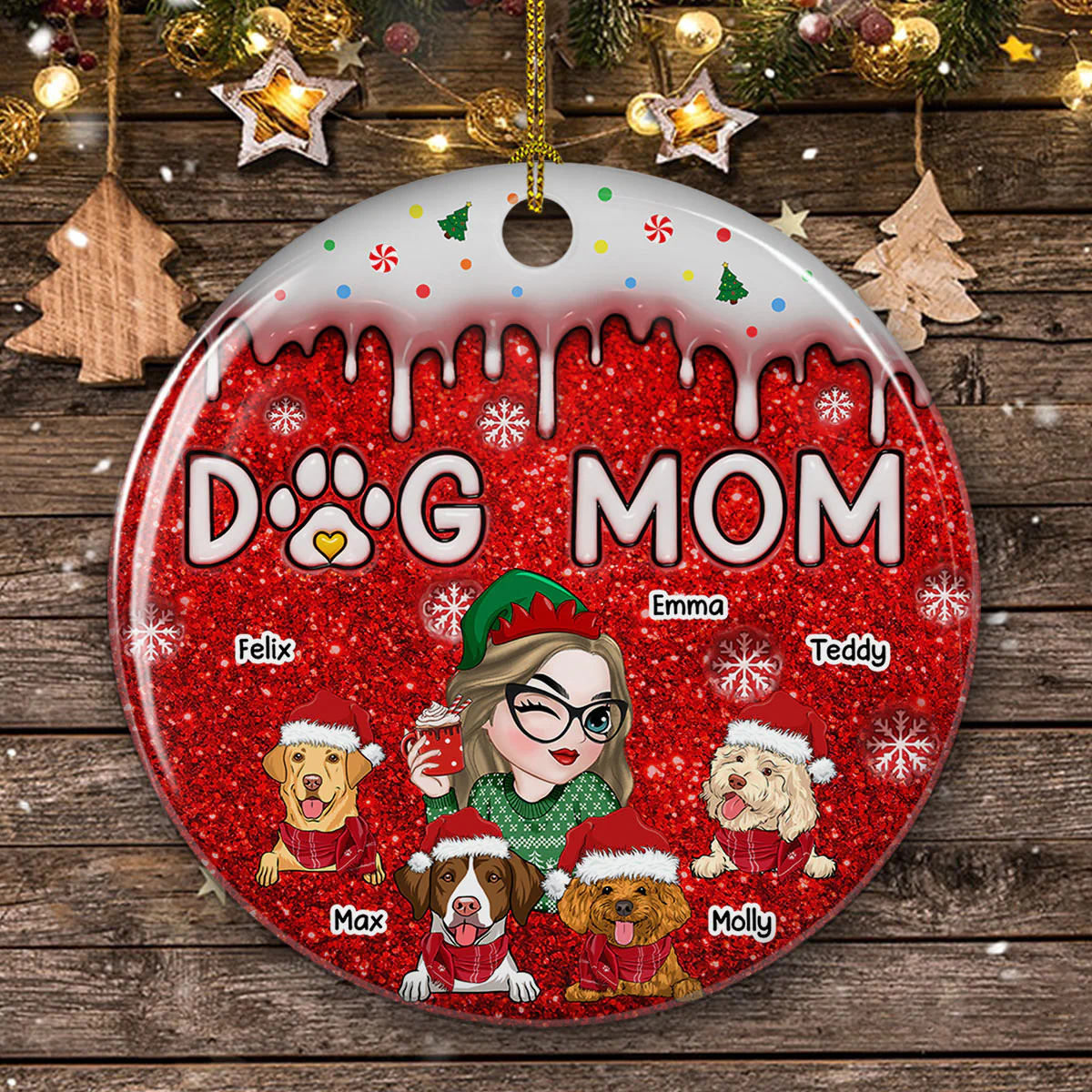 Christmas Dog Mom - Personalized Custom 3D Inflated Effect Ceramic Ornament - Image 4