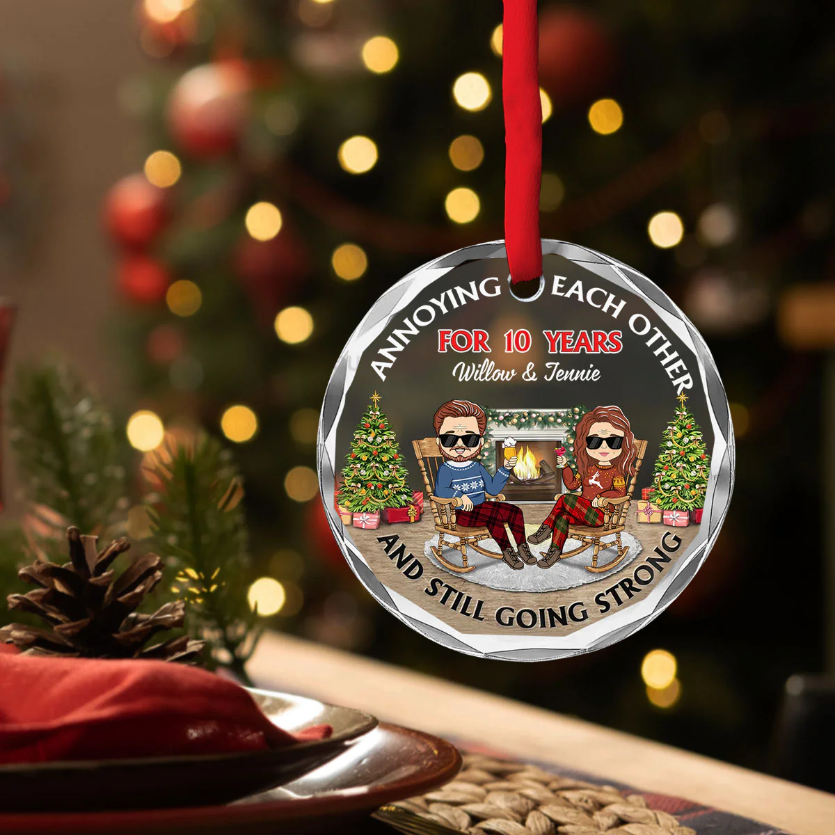 Christmas Family Couple Annoying Each Other For Years - Personalized Custom Glass Ornament - Image 3