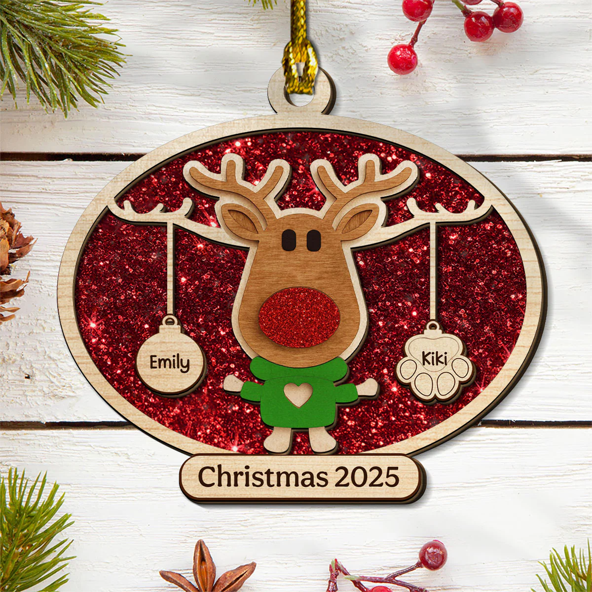 Christmas Reindeer Family Forever - Personalized Custom 2-layered Wood Ornament - Image 2