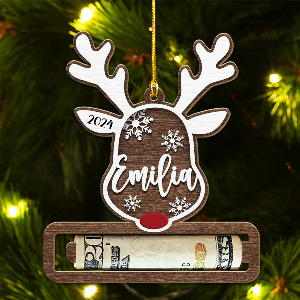 Christmas Reindeer - Personalized Custom Money Holder Wood Ornament - Image 2