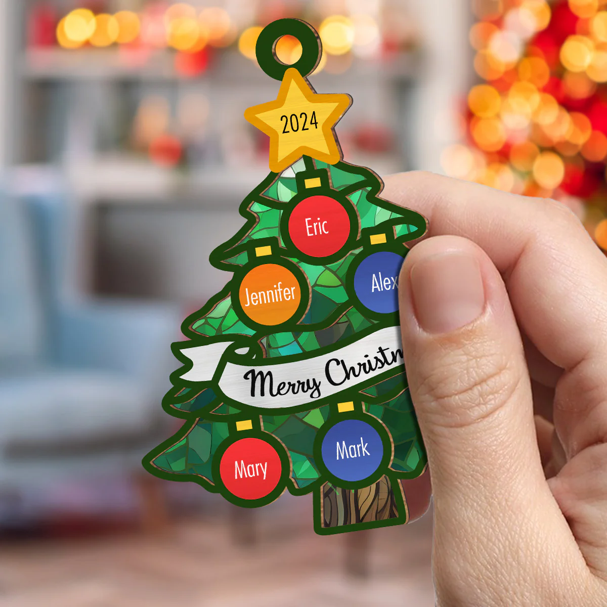 Christmas Tree Family Name - Personalized Custom Suncatcher Ornament - Image 3