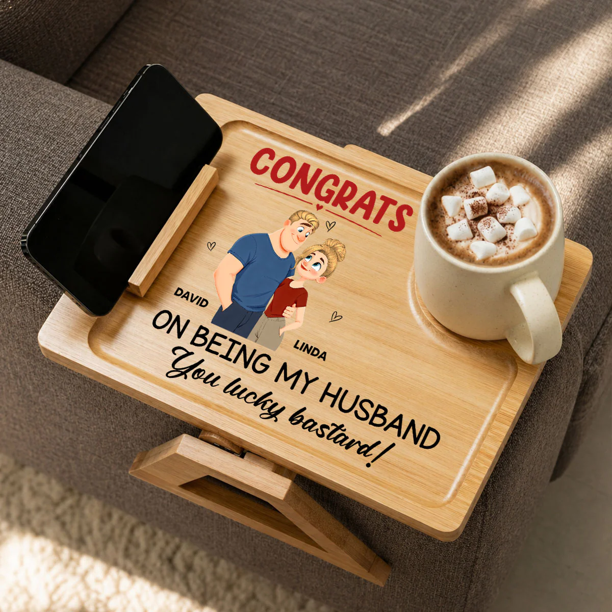 Congrats On Being My Husband - Personalized Custom Wooden Couch Arm Table