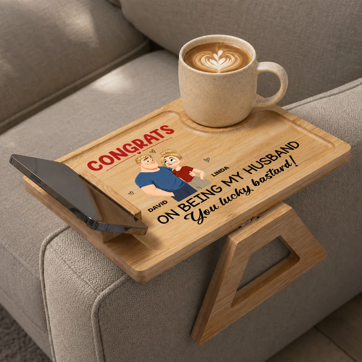 Congrats On Being My Husband - Personalized Custom Wooden Couch Arm Table - Image 3