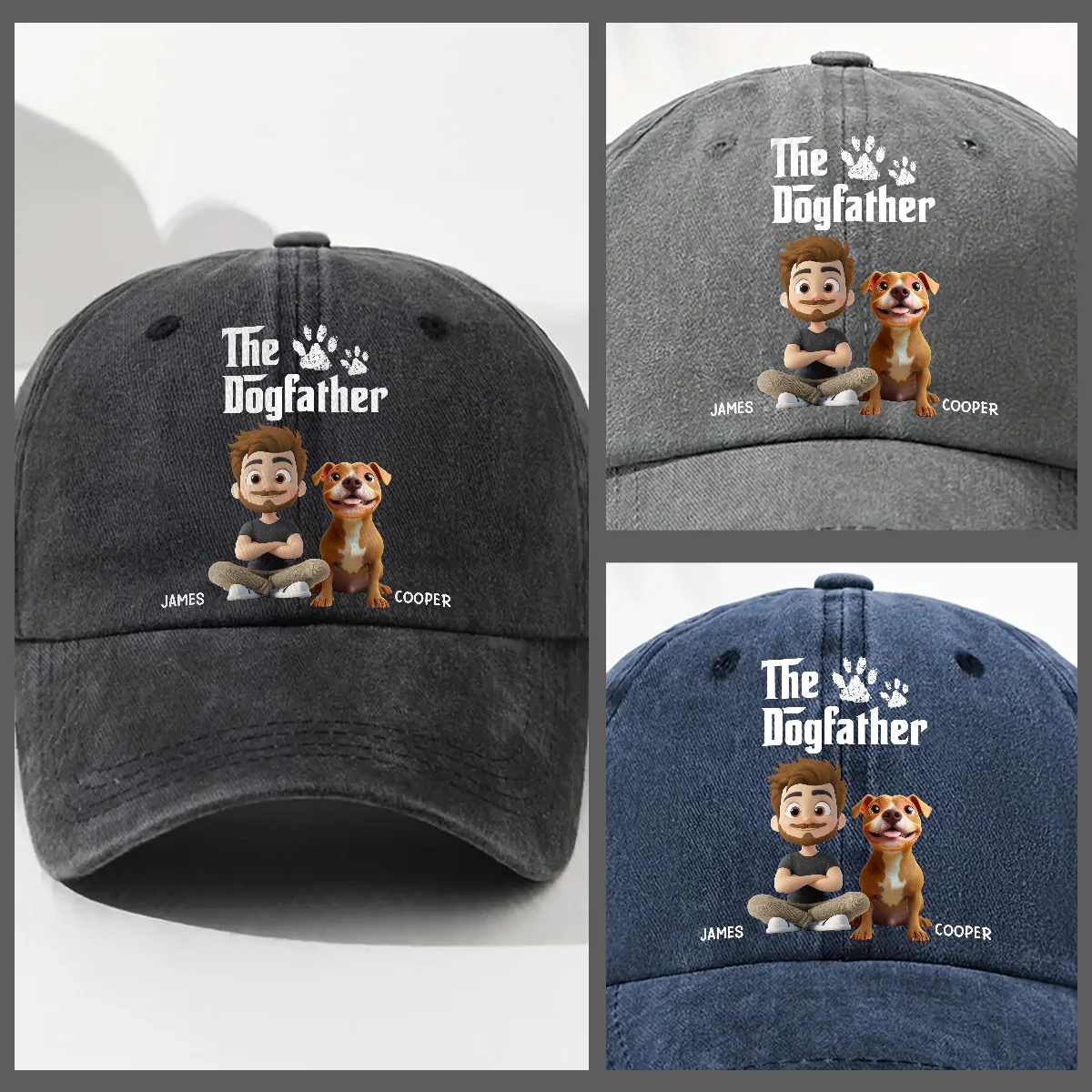 Cool Dog Father - Personalized Custom Vintage Washed Denim Cap - Image 3