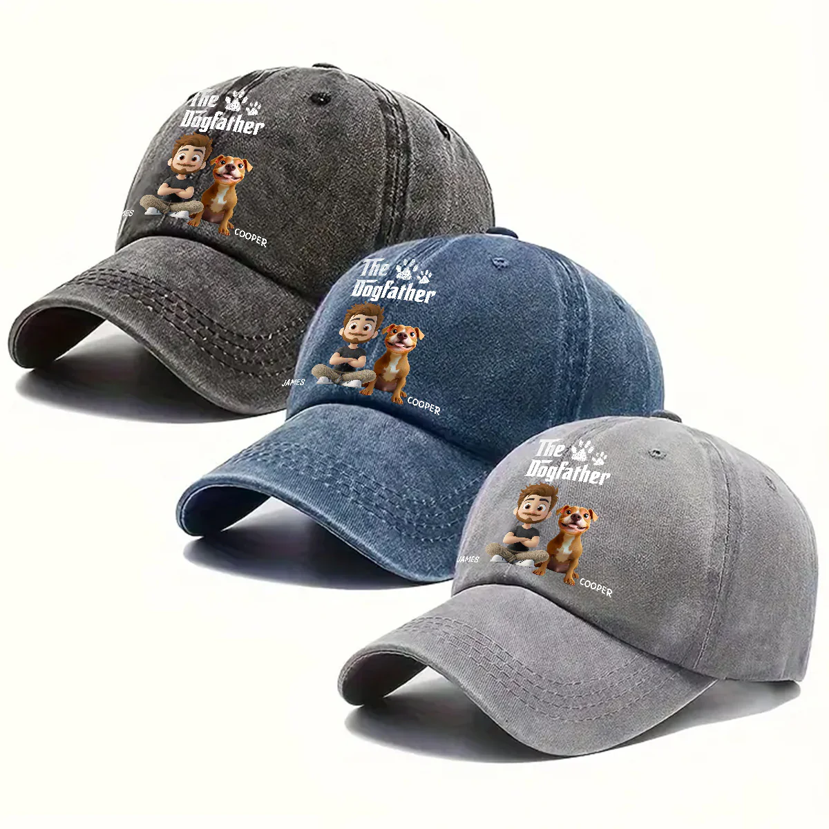 Cool Dog Father - Personalized Custom Vintage Washed Denim Cap - Image 4