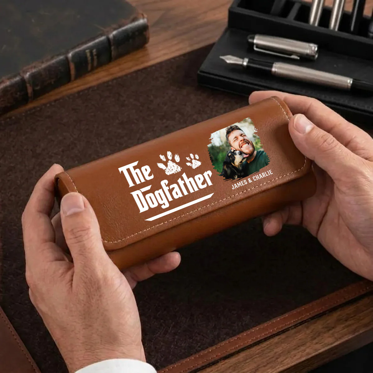 Cool Dog Father Photo - Personalized Custom Leather Eyeglass Case - Image 3