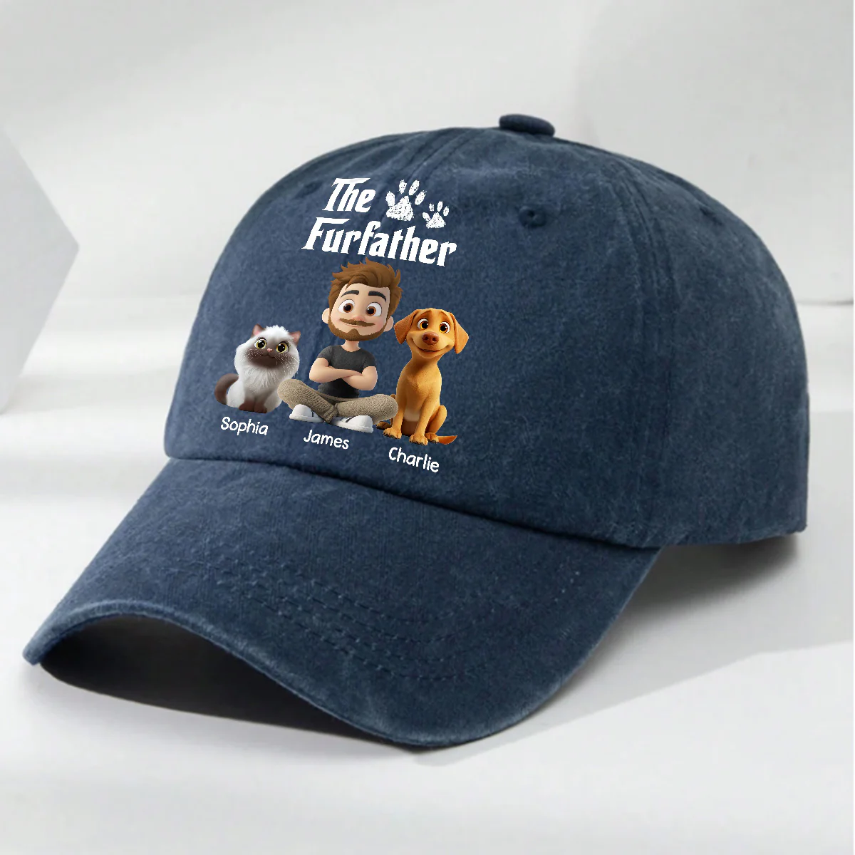 Cool Fur Father - Personalized Custom Vintage Washed Denim Cap - Image 5