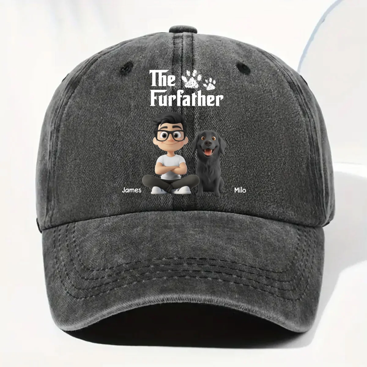 Cool Fur Father - Personalized Custom Vintage Washed Denim Cap - Image 7