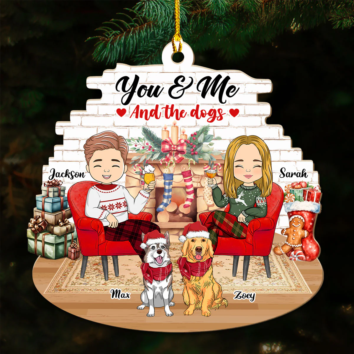 Couple And Dogs - Personalized Custom Wood Ornament - Image 2