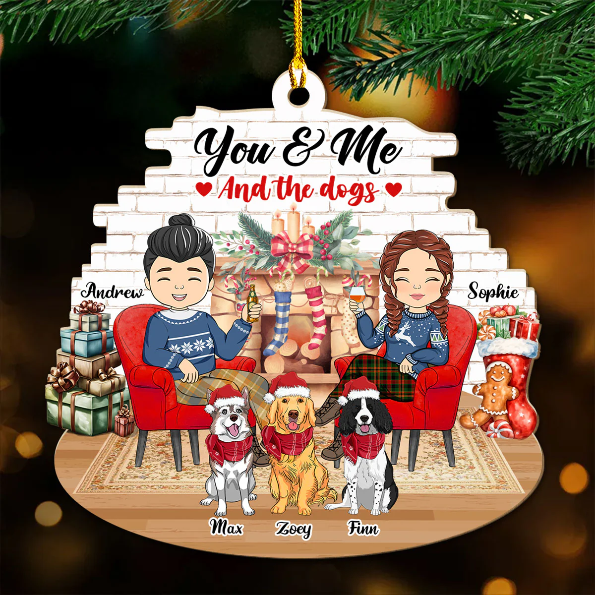 Couple And Dogs - Personalized Custom Wood Ornament - Image 3