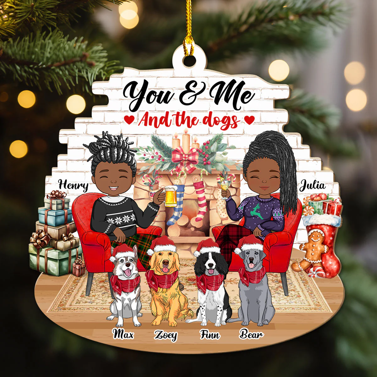 Couple And Dogs - Personalized Custom Wood Ornament - Image 4