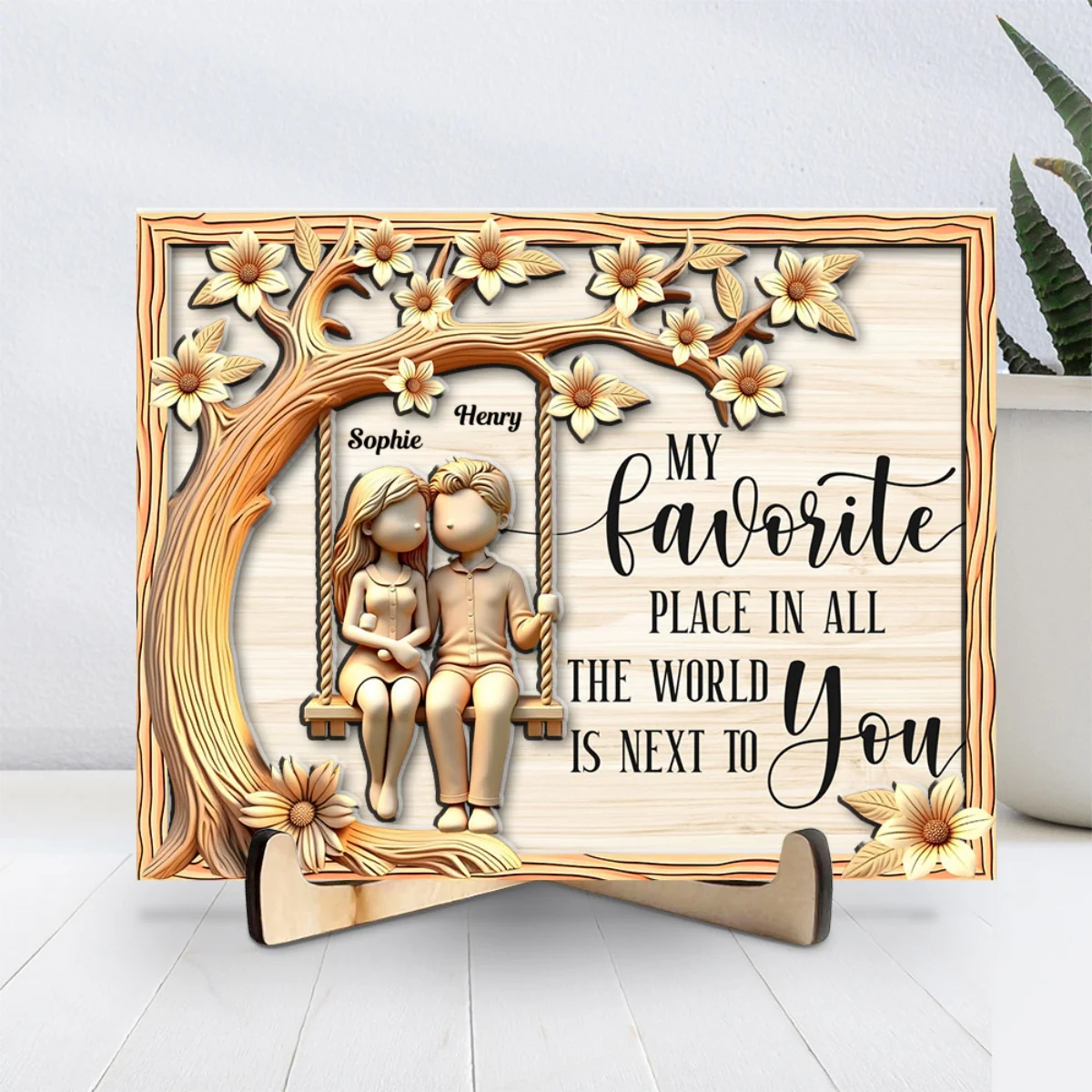 Couple On Swing With Floral - Personalized Custom Wooden Plaque - Image 5