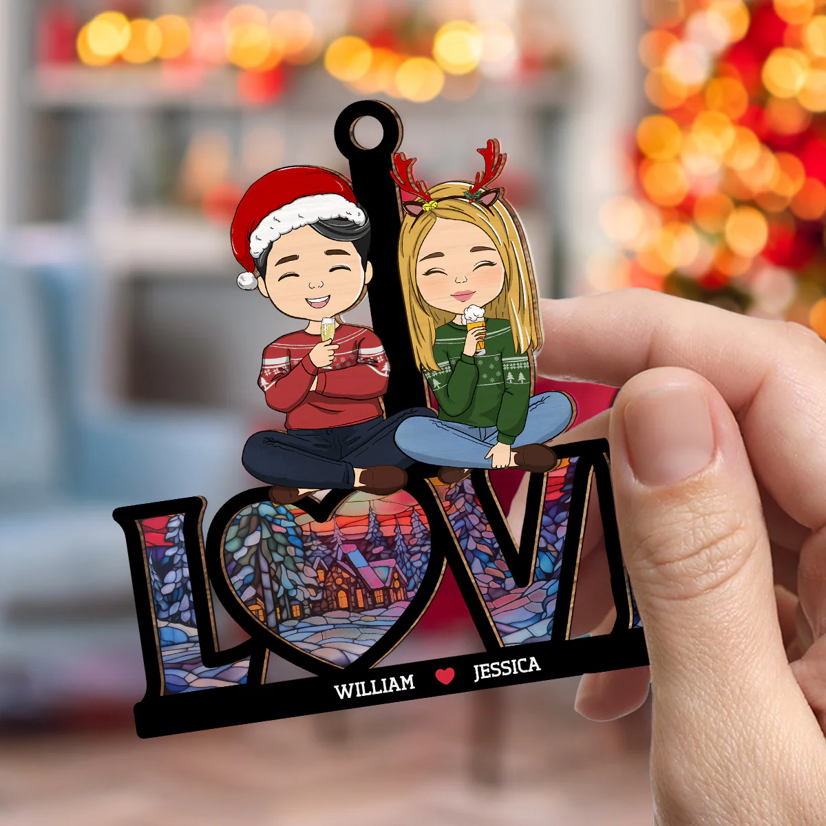 Couple Sitting Together - Personalized Custom Suncatcher Ornament - Image 3