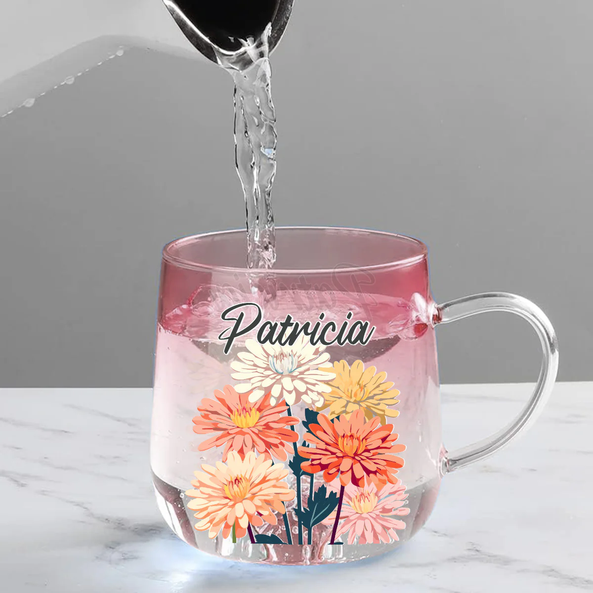 Custom Name Birth Month Flowers - Personalized Custom Pink Gradient Glass Mug - Image 3