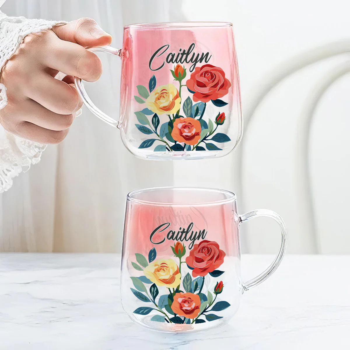 Custom Name Birth Month Flowers - Personalized Custom Pink Gradient Glass Mug - Image 4